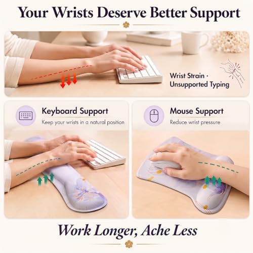 Scalloped Desk Mat 4-in-1 Set, XXL Large Wave Edge Mouse Pad with Gel Wrist Rest, Memory Foam Keyboard Wrist Rest & Coaster, Watercolor Floral Aesthetic Desk Pad for Women