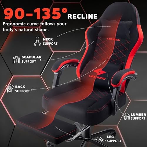 LEMBERI Gaming Chair, Fabric Big and Tall Video Game Chairs with Footrest, Massage Lumbar Support, Racing Style Ergonomic Computer Gamer Chair with Adjustable Headrest (Red)