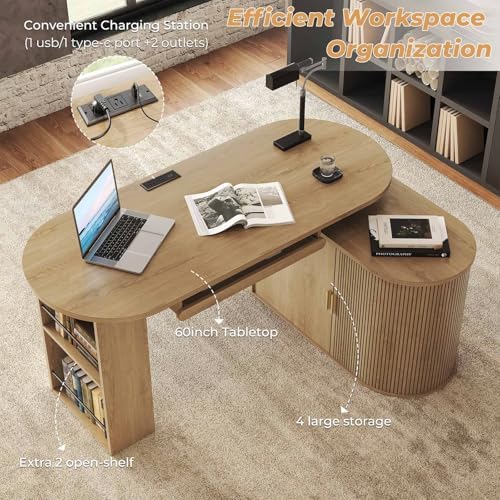 HSH L Shaped Office Corner Desk with Storage Cabinet for Home Oak 60 Inch