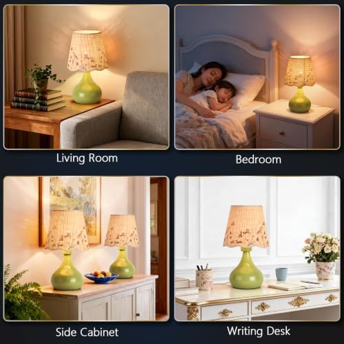 Ziqqeelam Green mall Bedside Cute Table Lamp for Bedroom, Table Lamps for Nightstand, Scalloped Rattan Shade Table Lamps for Small Spaces for Bedroom, Home Office, Living Room