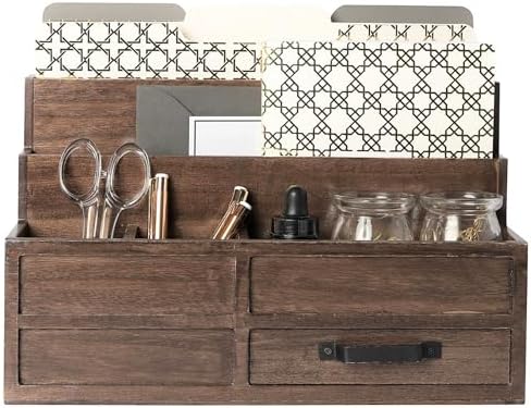 BLU MONACO | Wooden Mail Organizer with Drawer and Pen Holder | Mail Sorter Organizer Countertop for Desk or Kitchen | Outgoing Mail Holder Wood Desktop Storage