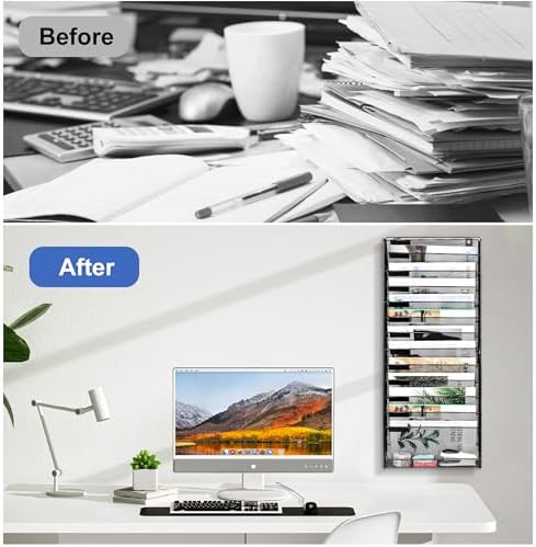 EasyPAG Wall File Holder 14 Tier Mesh Hanging Folder Organizer with Flat Tray Wall Mounted Mail Organizer Magazine Paper Desk Shelf with Nametag Label for Office Home School, Black