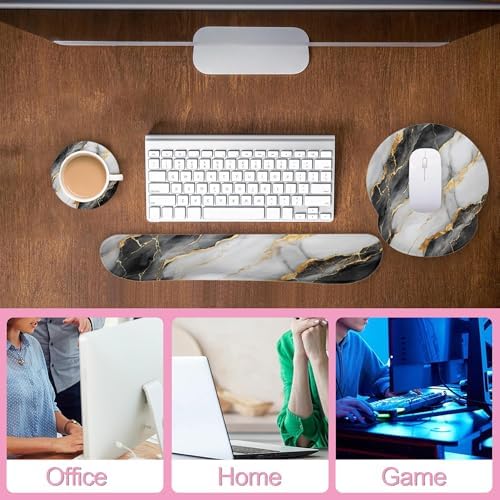 Black Gray Gold Marble Keyboard Wrist Rest Pad and Mouse Pad Wrist Support Set,3-in-1 Ergonomic Mouse Pad with Non-Slip Rubber Base for Home Office Game Computers Desk,