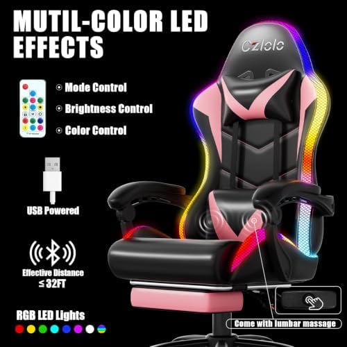 Czlolo Gaming Chair, RGB LED Lights Computer Chair with Footrest, Lumbar Support Massager Gamer Chair, High Back, 90-135° Reclining, Linkage Armrests, Pink