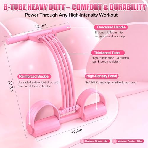 Foot Pedal Resistance Bands with Handles, 8-Tube Adjustable Multifunction Elastic Yoga Exercise Bands, Home Gym Fitness Equipment for Women & Men to Tone Abs, Core, Leg, Arm, Waist