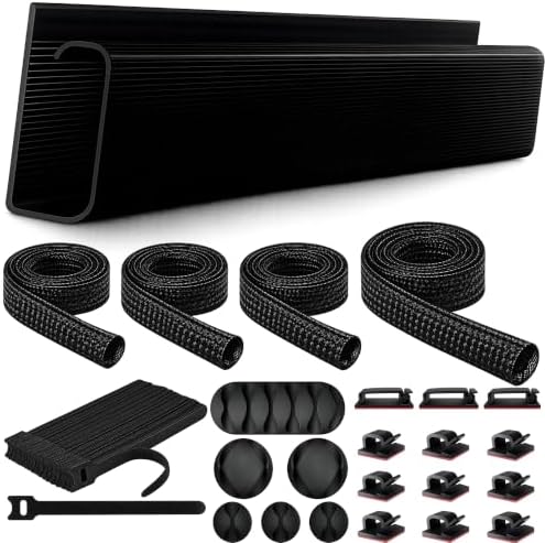 Cable Management Kit with Under Desk Raceway & 4 Long Cable Sleeves, Desk Cord Organizer with Cable Clips, Reusable Cable Ties & Cord Holders, Black