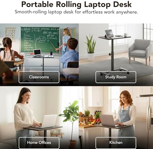 Displays By Jack Adjustable Height Rolling Laptop Desk, Portable Sit Stand Computer Table on Wheels – 24 x 16 in Mobile Workstation for Home Office, Classroom, Study Room