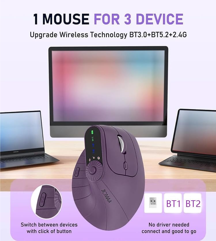 JOMAA Wireless 2.4G & Dual Bluetooth Three-Channel Ergonomic Vertical Mouse Adjustable DPI, Multi-Function Turntable for PC, Laptop, MacBook, Rechargeable (Purple)