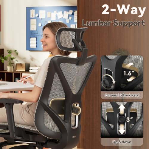 GABRYLLY Ergonomic Office Chair with Adjustable Lumbar Support, 3D Armrests & Headrest, 135° Reclining Chair with Footrest & Large Steel Base,300LBS Swivel Desk Chair(GYMN01-AM)