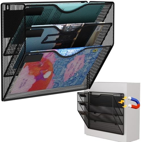 3-Tier Magnetic File Holder, No Drilling Wall File Organizer, File Folder Bins, Mail & Magazine Rack, Magnetic Paper Document Holder for Refrigerator File Cabinets Whiteboard, Black