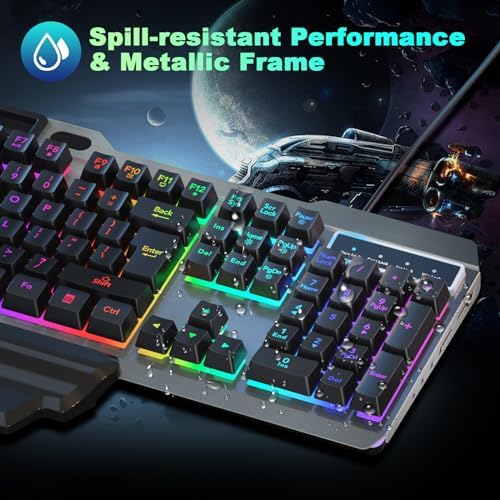 cimetech Wired Gaming Keyboard, Rainbow LED Backlit Anti-ghosting Computer Keyboard with Wrist Rest, Spill-Resistant Design, Multimedia Keys, Quiet Ergonomic Keyboard for Windows Laptop PC Mac