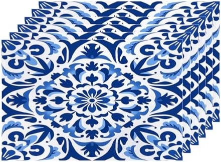 Shrahala Blue White Set of 6 12 X 18 Inch Linen Placemats, Delicate Floral Burlap Table Mat Washable Double Layered Heat Insulation for Indoor/Outdoor