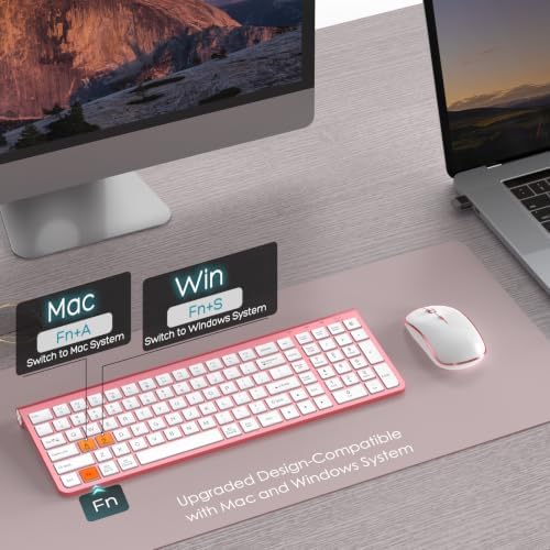 JOYACCESS Pink Wireless Keyboard and Mouse, Typewriter Keyboard Wireless, Ergonomic and Quiet Computer Mouse for for Desktop/PC/Laptop/Surface/Smart TV and Windows 10/8/ 7