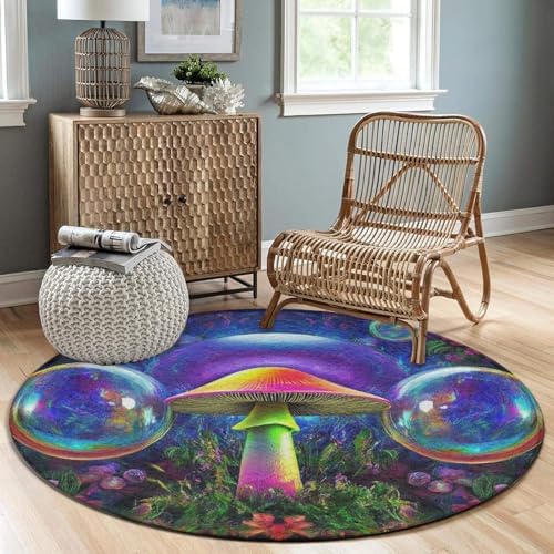 Home Decor Non Slip Kitchen Office Circle Rug, Machine Washable Modern Round Area Rug, Room Sofa Yoga Soft Round Carpet Trippy Magic Mushrooms Art, 60inch