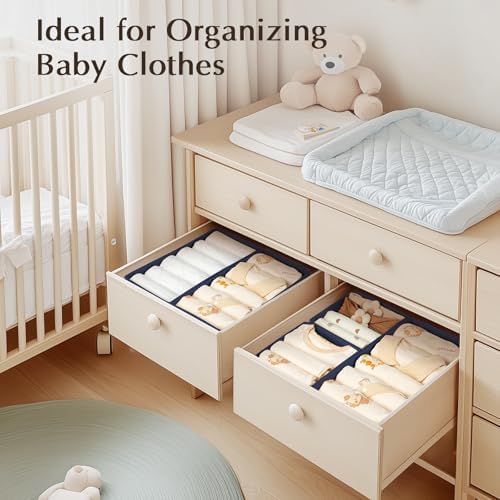 DIMJ Drawer Organizers Clothes, Set of 8 Dresser Organizer Bins, Fabric Closet Organizers and Storage, Shallow Drawer Dividers for Nursery, Clothing, Baby Clothes, Socks, Underwears, Tie (Navy Blue)