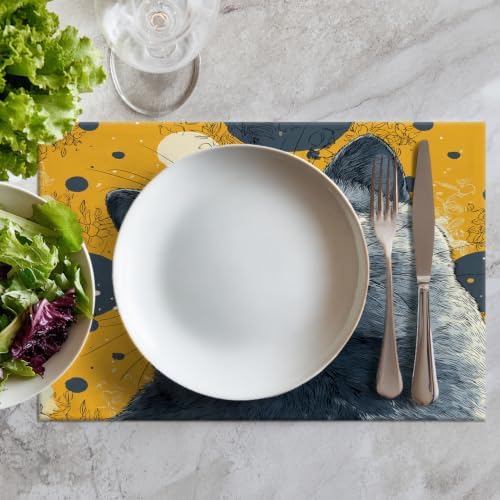 Batmerry Cute Cat Placemats, Gray Yellow Background Big Eyes Washable Linen Table Mats for Kitchen Table Double Insulation Decor Dining Set Indoor Outdoor 12X18 in Set of 8