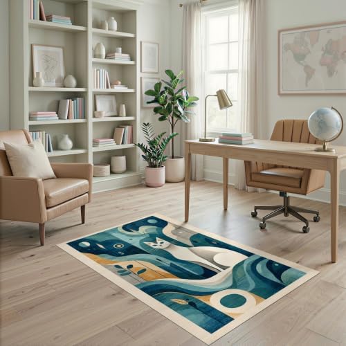 4'x6' Teal Blue Cat Boho Abstract Design Ultra-Soft Area Rug