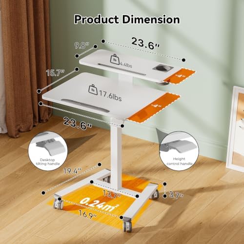 24" Mobile Standing Desk, Tiltable Top with 2-Tier Shelves, White