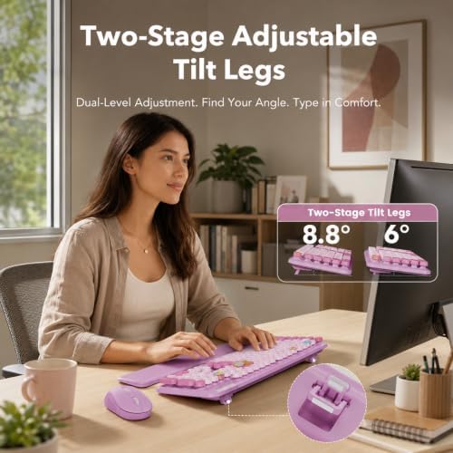 Wireless Keyboard and Mouse, Round Keycaps, Magnetic Wrist Rest, Lilac