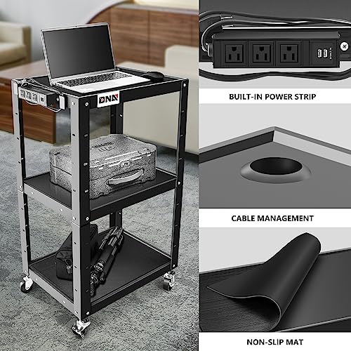 DNA Motoring 3-Layer Utility Steel AV Cart with Wheels Power Strip, 25" x 18" x 24"-42" Height Adjustable Rolling Projector Cart,TOOLS-00136