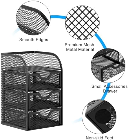 EasyPAG Mesh Desk Organizer with 3 Drawer Office Desktop Organizers and Accessories Stationery Caddy for Office, Home, Students, Black