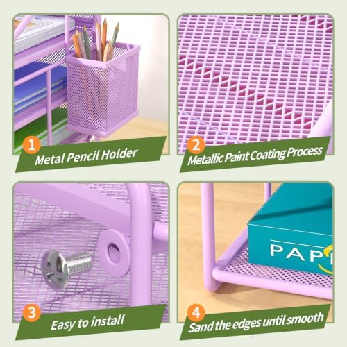 Purple 7 Tier Desk File Organizer, Metal Letter Tray Paper Organizer with Pull-Out Drawer, Removable Pen Holder & Hanging Basket, Vertical Desktop File Holder for Home Office, Classroom