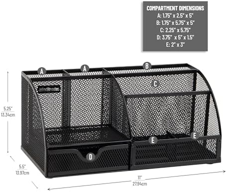 Mind Reader 7-Compartment Desktop Organizer, Metal Mesh Desk Organizer for Pens, Sticky Notes, Mail and Office Supplies, Black