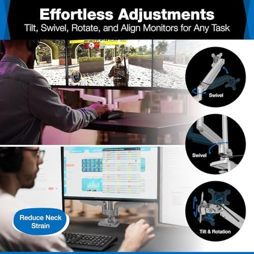 Mount-It! Triple Monitor Mount with Gas Spring Arms, Fits 24–32 Inch Screens, USB & Audio Ports, Full Motion Desk Stand with Tilt, Swivel & Rotation, Heavy Duty Silver 3 Screen Arm with Clamp