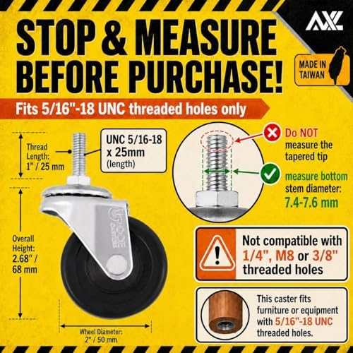 AXL 5/16 UNC Threaded Stem Caster Wheels Set of 4, 2 Inch Swivel Casters (2 Locking, 2 Non-Locking), 1" (25mm) Stem Length Replacement Wheels for Utility Cart, Shelf, Cabinet, Furniture