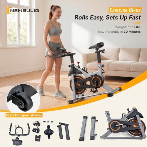 NEWBULIG Exercise Bike with APP, Stationary Bikes for Home, Workout Bike for Adults & Seniors, Cycle Machine, Adjustable Height and Resistance, Low Noise, 265lbs Weight Capacity, Easy Assembly