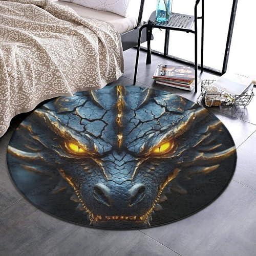 Men's Large Home Decor Mat, Soft Round Yoga Carpet, Non Slip Machine Washable Home Office Circle Rug Cool Black Gold Dragon