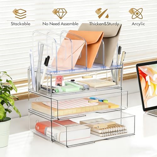 LALOBLUE Acrylic Desk Organizer with 4-Vertical File Holder Rack, 3-Clear Drawer and 2 Pen Holders, Desktop Storage for Office Desk Accessories School Classroom Organization (Clear)