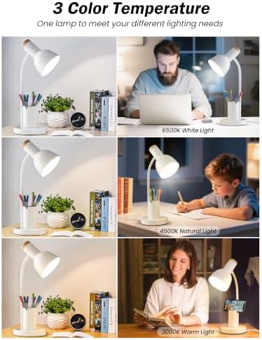 Desk Lamp, LED Desk Lamps for Home Office, 3 Color Modes Eye-Caring Reading Light, Flexible Gooseneck Desk Light with Pen Holder, Table Lamp for Bedroom Bedside College Dorm Study Room (White lamp)