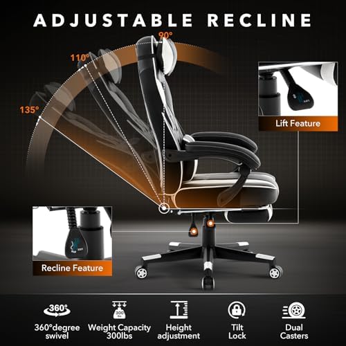 Big and Tall Office Chair, High Back Leather Gaming Chair with Footrest, Ergonomic Computer Chair w/Lumbar Support & Headrest, 360° Swivel Base & Height Adjustable Executive Chairs for Home/Offices