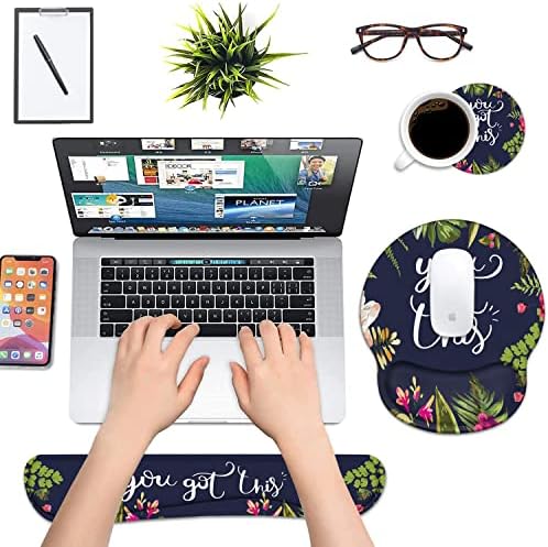 Keyboard Wrist Rest and Mouse Pad Wrist Support Set with Coasters, You Got This Inspirational Quote Wrist Mouse Pad with Non-Slip PU Base for Home Office Working Studying Easy Typing & Pain Relief