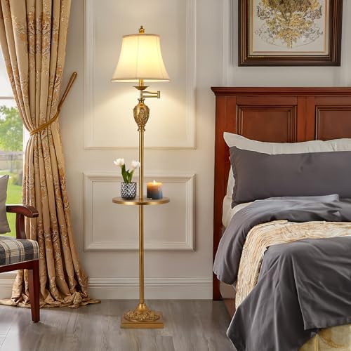Traditional Floor Lamp with Tray, Remote Dimmable, 350° Swing Arm and Gold