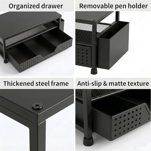 ECOLOVI Desk Organizer and Accessories, 2-Tier Computer Monitor Stand Rise with Storage Drawer & 2 Pen Holders, Laptop & Printer Stand for Desktop, Workspace Organizers for Office Supplies (Black Wood)