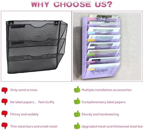 8 Pockets Mesh Wall File Holder Organizer Office Hanging File Folder Magazine Rack, Nametag Label Hooks Set Included (Purple)