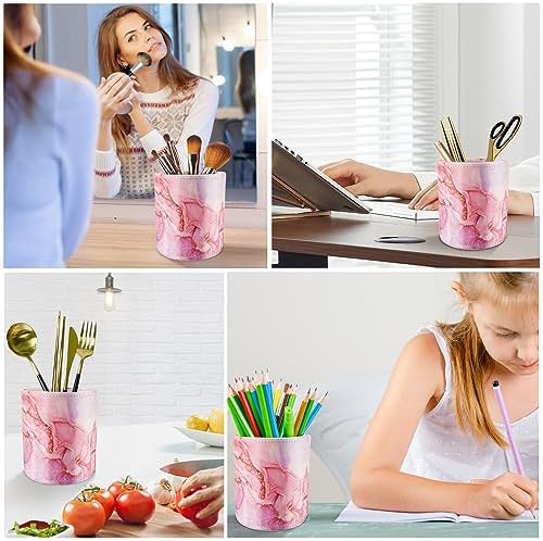 Pen Holder for Women Girls, Pencil Cup Pink Desk Decor, Makeup Brush Holder Large Pu Leather Multi-Functional Organizer Cup for Office, Classroom, Home, Red Marble