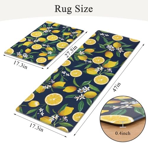SHACOS Anti Fatigue Lemon Kitchen Rugs Mats Set of 2 Pieces Non Slip Soft Cushioned Standing Desk Mats Wipeable Waterproof Floor Mat for Kitchen Laundry, 17"x27.5"+17"x47", Dark Blue