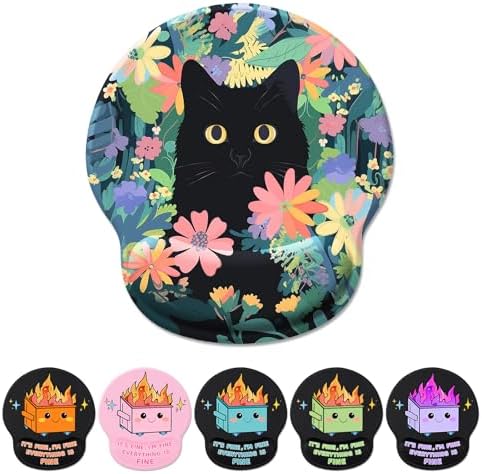 Hancynir Flower Black Cat Ergonomic Mouse Pad with Wrist Support Desk Decor