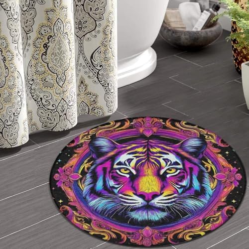 Room Sofa Yoga Soft Round Carpet, Home Decor Non Slip Kitchen Office Circle Rug, Machine Washable Modern Round Area Rug Magical Animal King Tiger Art, 24inch