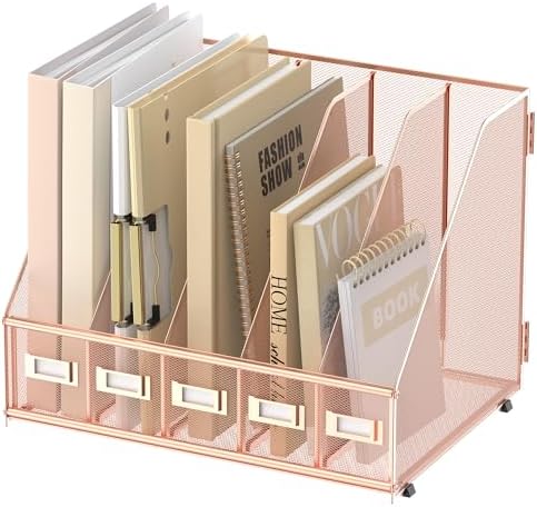 SUPEASY Desk Organizers Metal Desk Magazine File Holder with 5 Vertical Compartments Rack File Organizer for Office Desktop, Home Workspace, Rose Gold