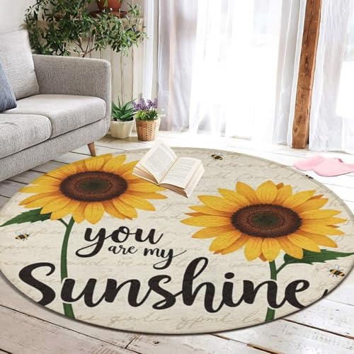 Large Machine Washable Circular Rugs, Home Decor Round Mat for Living Room Sofa Office You are My Sunshine Bees Sunflowers Print