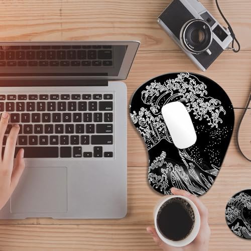 Ergonomic Mouse Pad with Wrist Rest,Comfortable Computer Gel Mouse Pad Wrist Support for Laptop,Pain Relief Mousepad with Non-Slip PU Base Japanese Wave