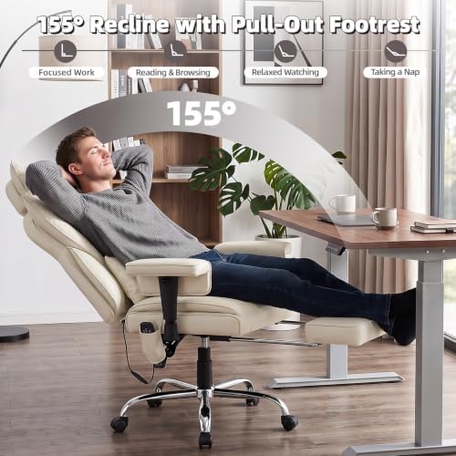 6 Points Massage Heated Home Office Chair with Foot Rest, Beige