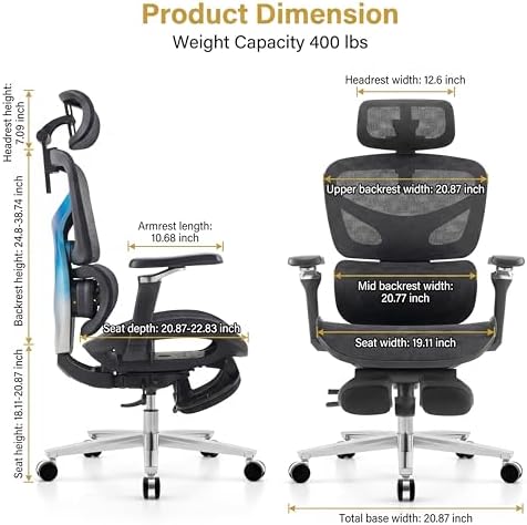 Ergonomic Office Chair with Footrest & 3D Massage Lumbar Support, Adjustable Seat Depth & Back Height,Big and Tall,400lbs, 4D Headrest, 4D Armrests, Reclining Office Chair for Home Office (Black)