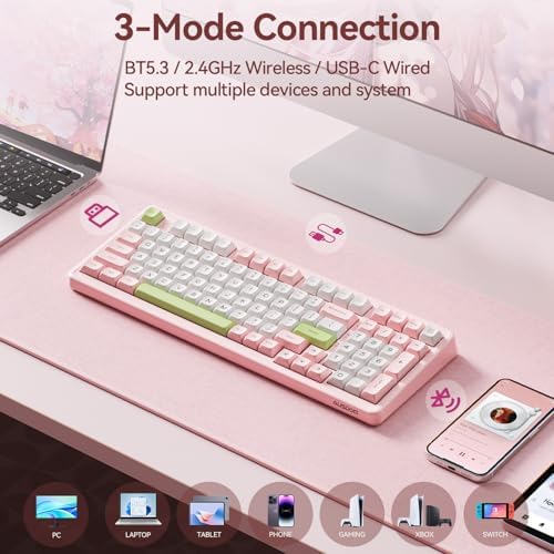 AUSDOM H98 Pink Creamy Mechanical Keyboard, 96% Silent Quiet Wireless Keyboard with Number Pad, Hot Swappable Gaming Keyboard 2.4G/BT/USB-C with RGB Backlit, 8000mAh Battery, 98 Keys for Mac/Win