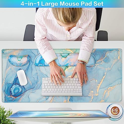4 in1 Desk Mat Blue, Large Gaming Mouse Pad with Wrist Rest,