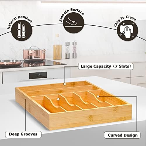 Flatware Organizer Silverware Drawer Organizer - 7 Slots Bamboo Cutlery Tray Multipurpose kitchen Drawer Organizer for Silverware, Utensils, Cutlery, Flatware, Knives W13”x L17” (Yellow)